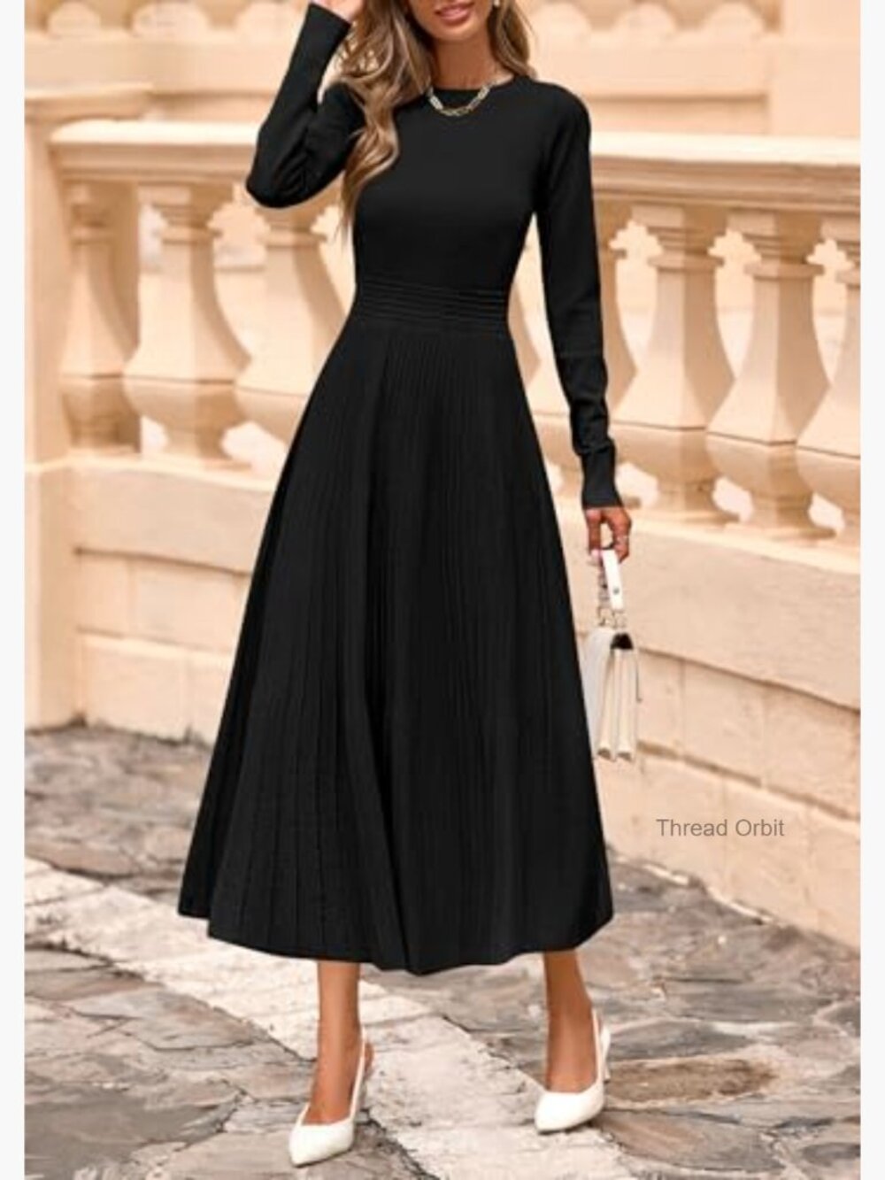 Long Sleeve Knit A Line Midi Sweater Dress for Women Fall Winter - Picture 2 of 7